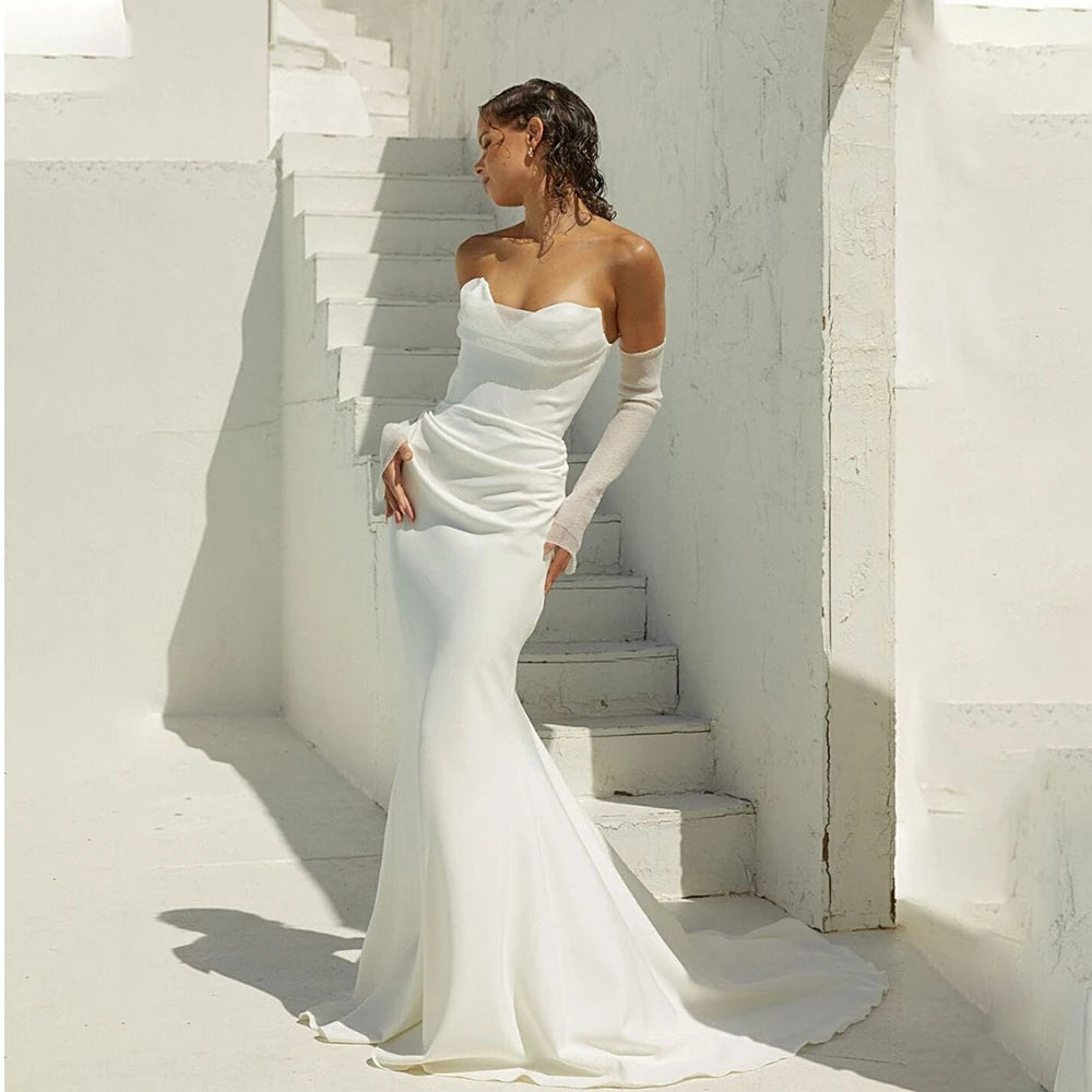 Sexy V-neck Pleat Soft Satin Sheat/Mermaid Wedding Dresses Custom Made Bridal Grown Detachable Long Sleeves  Vestido De Noival