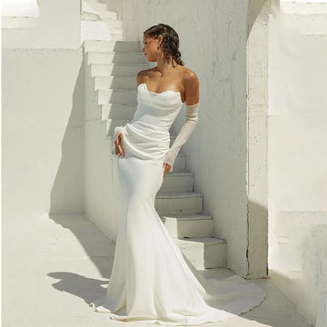 Sexy V-neck Pleat Soft Satin Sheat/Mermaid Wedding Dresses Custom Made Bridal Grown Detachable Long Sleeves  Vestido De Noival