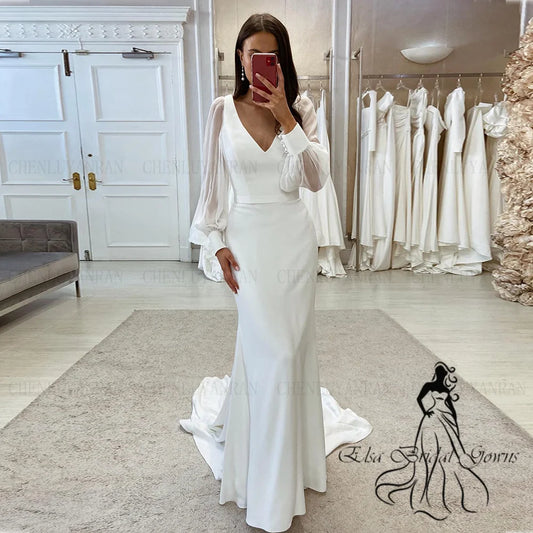 Mermaid Elegant Wedding Dresses V-Neck Long Sleeves Satin Bride Dresses Simple Sweep Train Dresses For Women 2025 Robe De Mariée