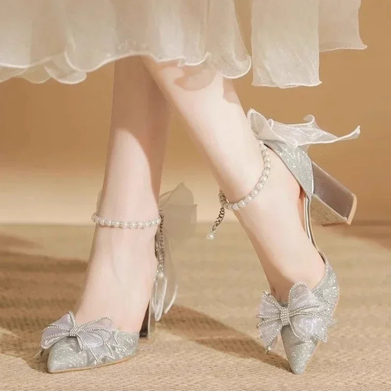 Women's Summer Shoes Wedding Party Versatile Woman High Heels Sandals Sweet Princess Beading Ankle-strap Ladies Dress Sandals