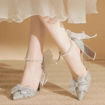 Women's Summer Shoes Wedding Party Versatile Woman High Heels Sandals Sweet Princess Beading Ankle-strap Ladies Dress Sandals
