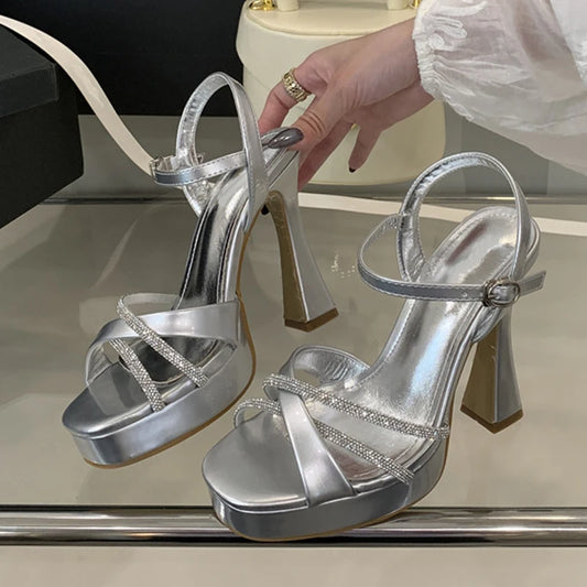 Liyke 2025 New Fashion Runway Super High Heels Platform Sandals Rhinestone Ankle Strap Open Toe Wedding Party Shoes Women Gold