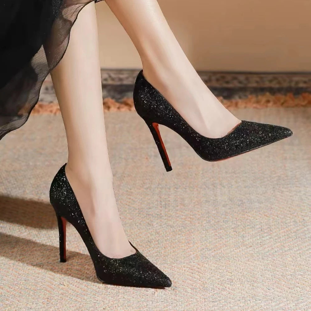 Sexy Black High Heels for Women Stiletto Pointed Black High Heels Shiny Pumps 2025 Spring/autumn Fashion Elegant Women's Shoes