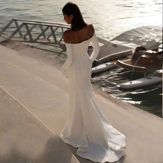 Classic Satin Wedding Dresses With Straight Shoulder For Woman Simple Lvory Bridal Gowns With Full Sleeves New Vestido De Novia