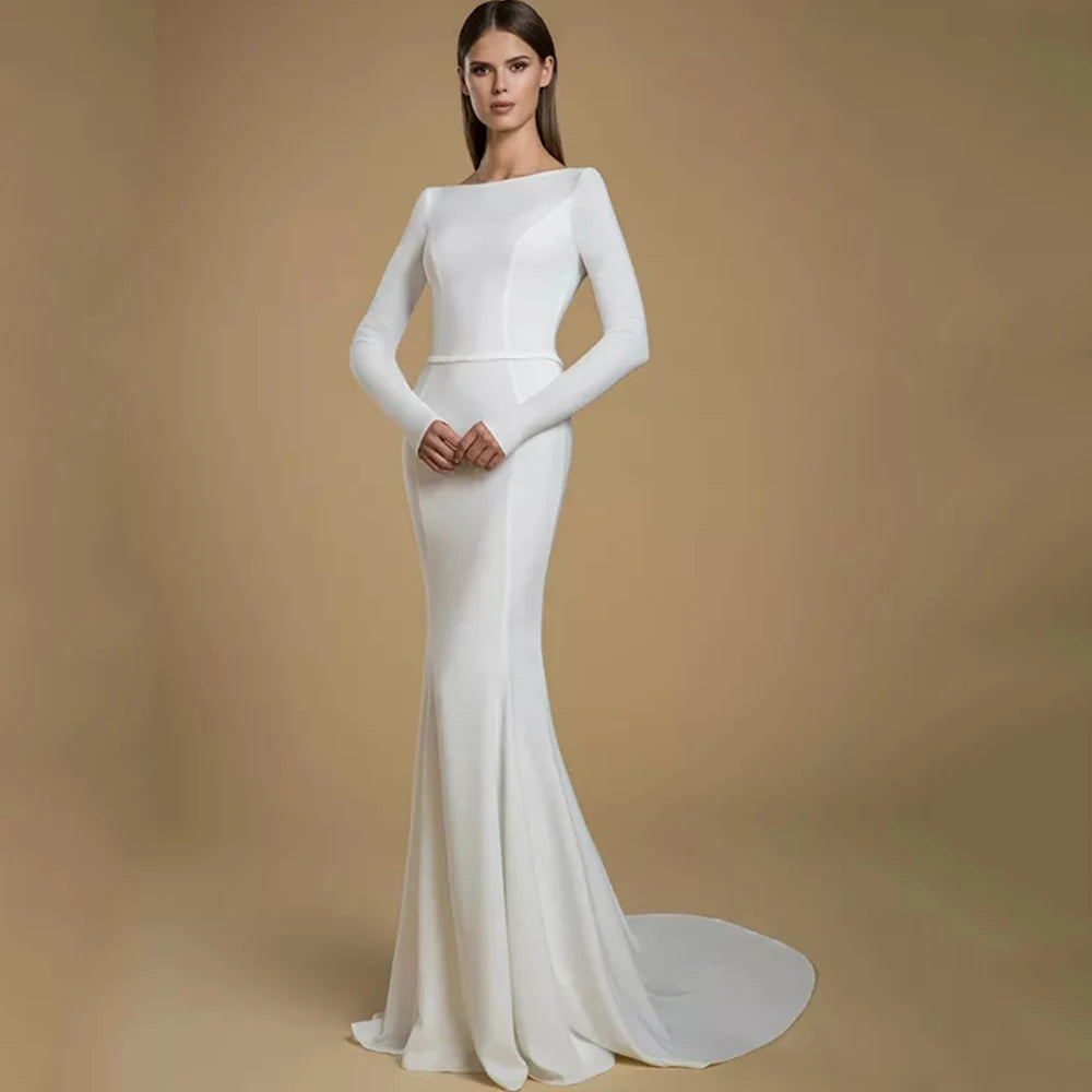 Simple Boat Neck Mermaid Wedding Dress Long Sleeve Sheath with Belt Floor Length Sweep Train Open Back Bridal Civil Gowns