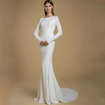 Simple Boat Neck Mermaid Wedding Dress Long Sleeve Sheath with Belt Floor Length Sweep Train Open Back Bridal Civil Gowns