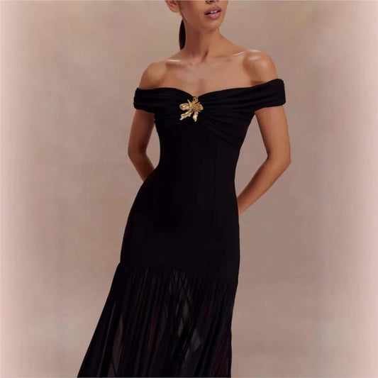Elegant Evening Dress Temperament Vestido Sexy Dresses 2025 Woman French Simple Style Patchwork Solid Color Pleated Fashion Slim