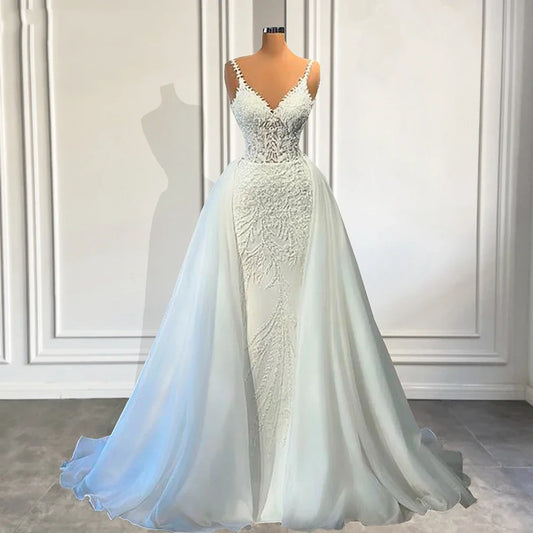 Flavinke Customized V Neck Mermaid Lace Wedding Dresses 2025 Sleeveless Illusion Beaded Satin Bridal Gowns with Detachable Train