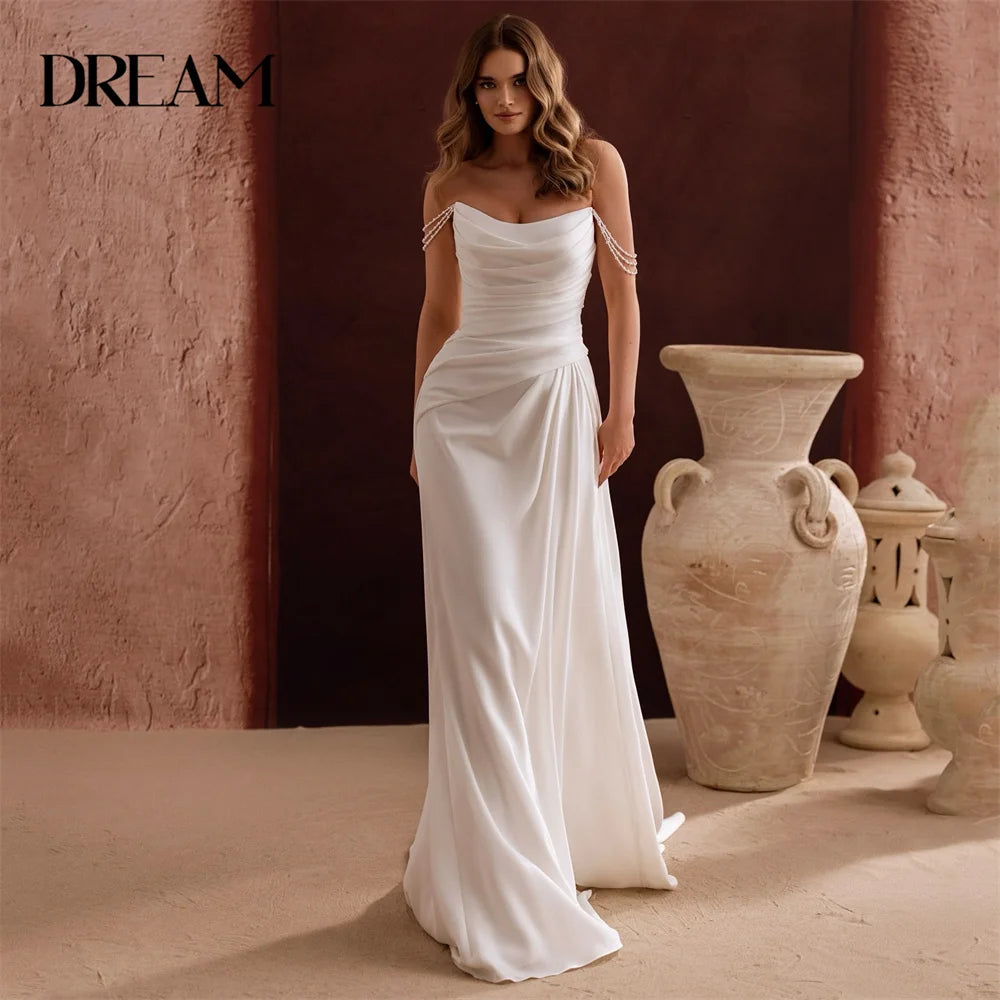 DREAM Pleat Mermaid Wedding Dress 2025 Boat-Neck Beading Open Back Off The Shoulder Bridal Gown Vestidos De Novia Customized