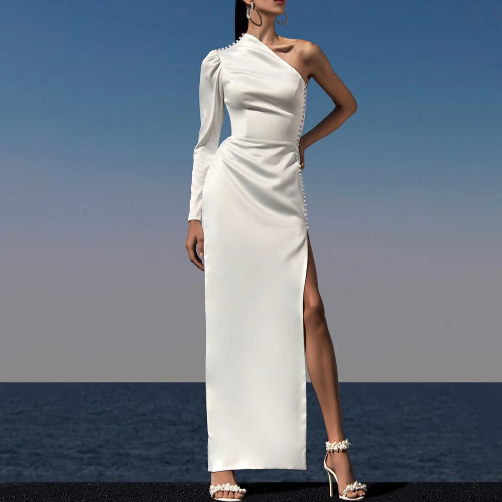 Chic Pearls Buttons Sheath Wedding Dress Boat Neck One Shoulder Long Sleeves Bridal Sexy Side Slit Ankle Length Gowns Robe