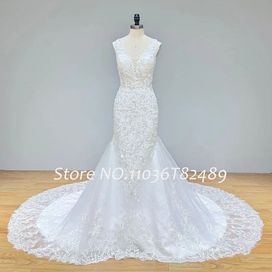Hire Lnyer Shoulder Straps V-Neck Backless Shiny Beading Pearls Sequins Lace Elegant Mermaid Wedding Dresses Real Photos Video