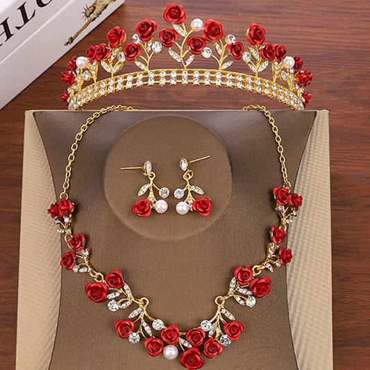 luxury queen women diadem bridal hair accessories crystal princess tiara red rose flower crown for wedding party