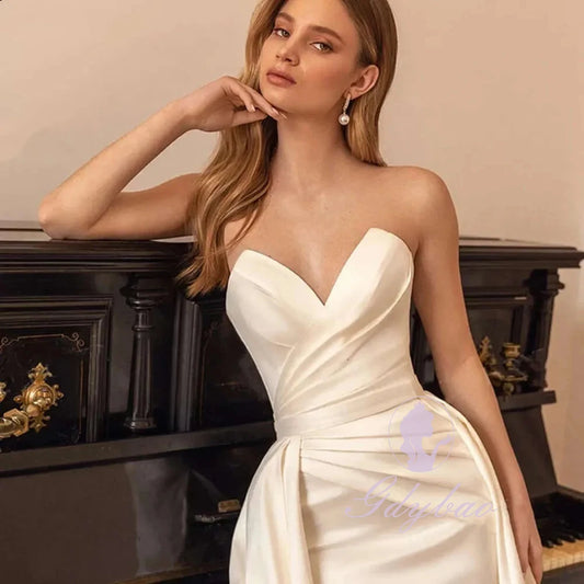 Ivory Satin Evening Dress Women Off Shoulder Pleated Bridal Formal Long Tail Tight Sexy Ball Gowns Party Pageant Dress