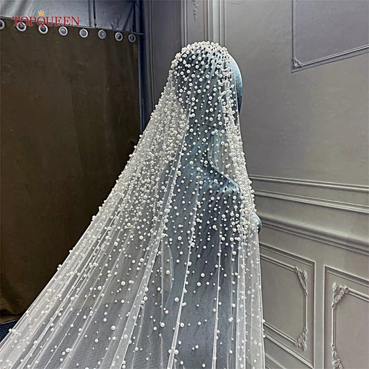 TOPQUEEN V139 Luxurious Wedding Veil with Pearls 5 Meter Long Bridal Veils Delicate Beaded Cathedral Length Veil Customizable