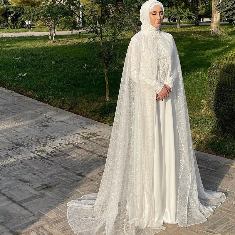 Elegant Muslim Wedding Dresses with Cape High Neck Long Sleeves Sequined Appliques Hijab Bride Bridal Gowns Customized