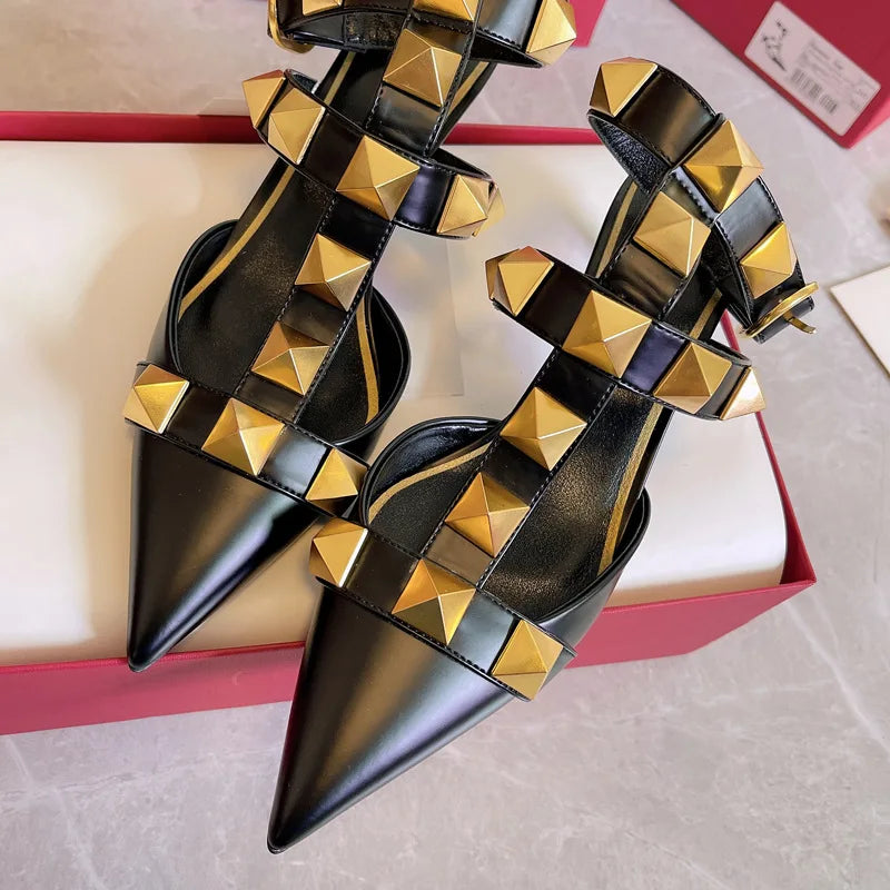 Rivet pointed flat sandals fashion 2025 new rivet low heel shoes women's pointed thin high-heeled sandals sexy