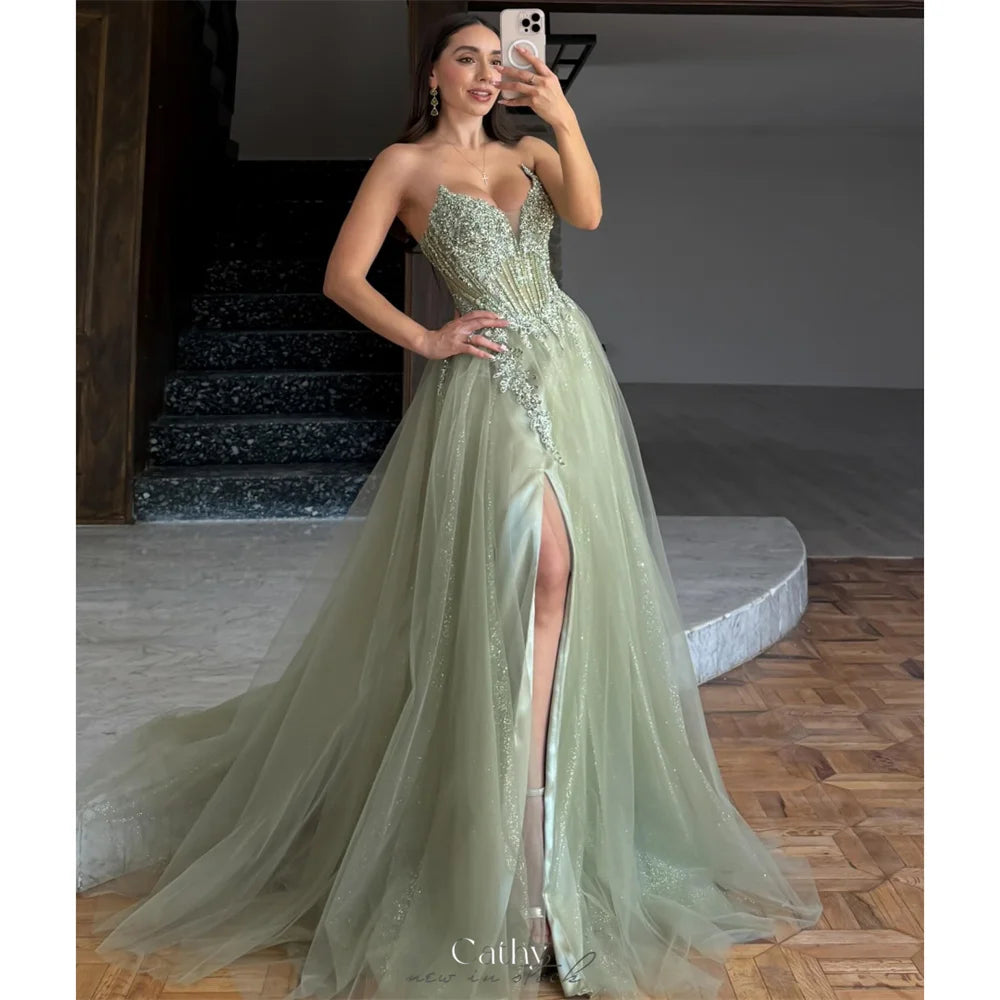 Cathy Light Green Embroidered V Neck Prom Dress Side High Split Tulle vestidos de noiva Customize A-line Floor-length Graduation