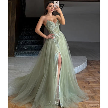 Cathy Light Green Embroidered V Neck Prom Dress Side High Split Tulle vestidos de noiva Customize A-line Floor-length Graduation