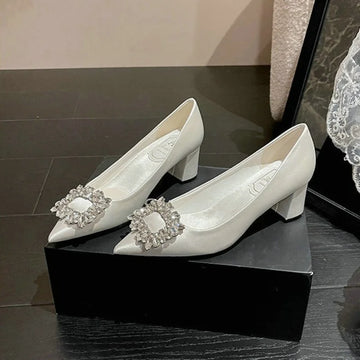 White Thick Heels Wedding Shoes 2025 Wedding Bridal Shoes Diamond Buckle Shoes Pregnant Women Pumps