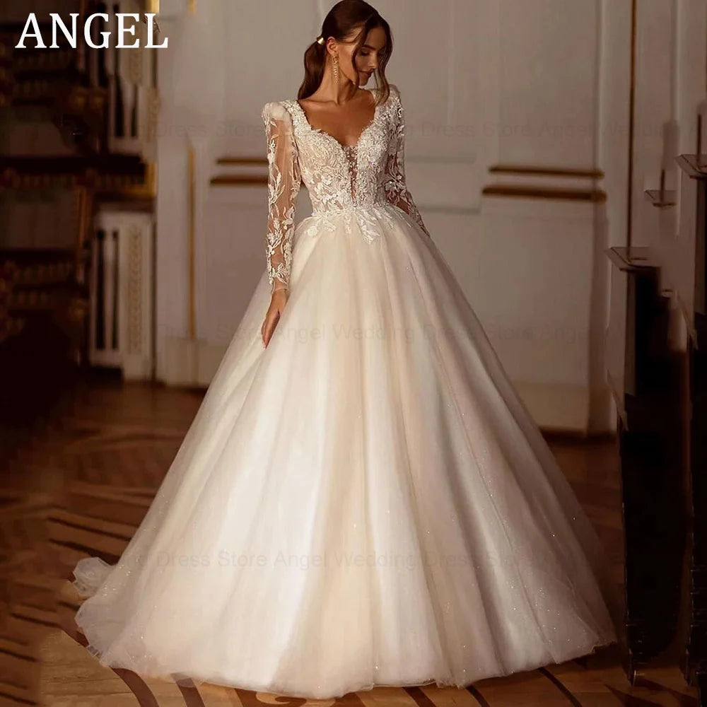 ANGEL Luxury Shiny Long Sleeves Wedding Dress 2025 A-Line Lace Up Women Bridal Gown Customized Applique Beading Vestido De Novia