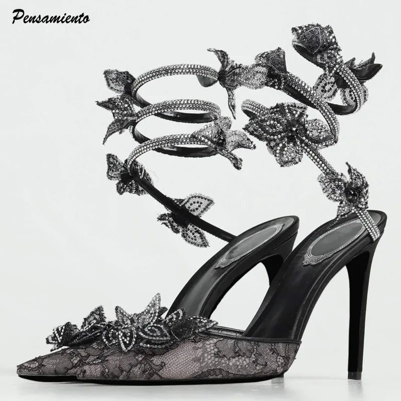 Summer High heels Wedding Party Shoes Women Rhinestones Flowers Snake Twine Around Ankle Strap Lace Mesh Pumps Sandals for Woman
