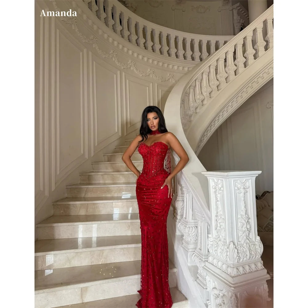Amanda Customized Red Mermaid Rhinestones Prom Dress Halter Neck Floor-Length vestidos de noche Luxury Sleeveless Formal Evening
