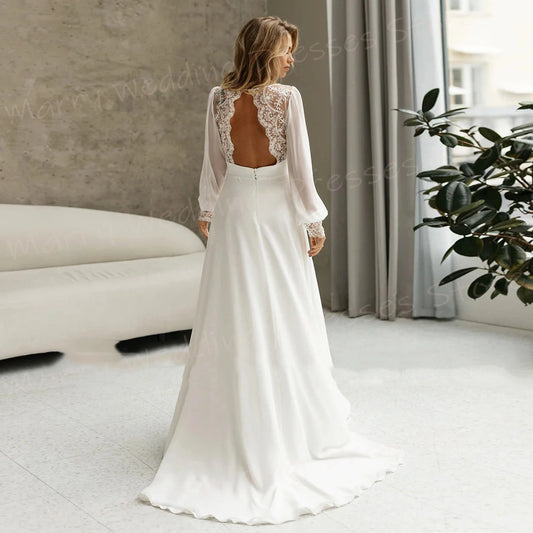 Simple Graceful V Neck A Line Women's Wedding Dresses Pretty Appliques Lace Bride Gowns Backless Long Sleeve Vestidos De Novia