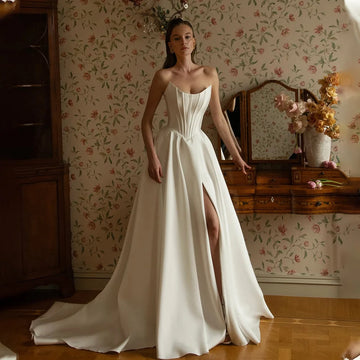 Popular Scoop Neckline Satin Bridal Grown A Line Wedding Dresses Side Slit Sweep Train Custom Made 2026 Vestido De Novial