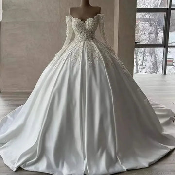 Customized Romantic Ball Gown Princess Wedding Dress Off Shoulder V Neck Lace Up Back Beaded Appliques Long Sleeve Bridal Gown
