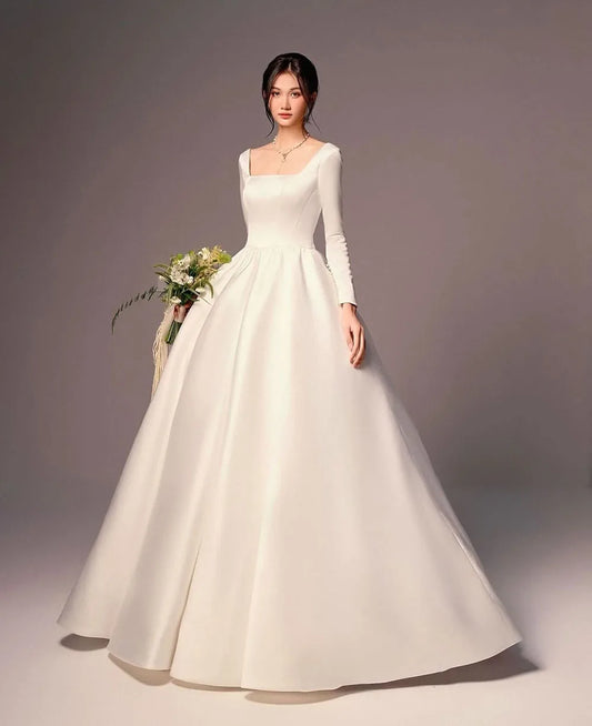 Elegant Wedding Dress Women Customized Satin Wedding Gown Long Sleeve Square Neck Backless A-Line Bridal Dress Formal Outfit
