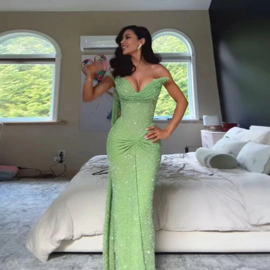 Customized Glitter Sequin Prom Dresses Sweetheart Draped Mermaid Meet Gala Dress for Women Green Bodycon Formal Maxi Dress