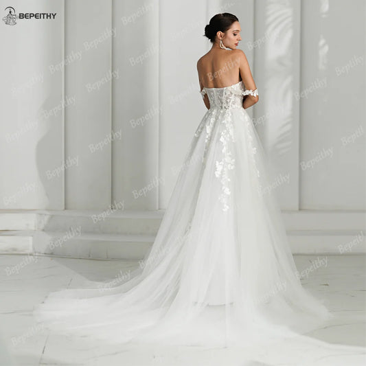 BEPEITHY Customized V Neck A Line Wedding Dresses For Women 2024 Spring Lace Off Shoulder Bride Bridal Gown Vestidos De Novias