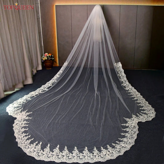 TOPQUEEN Long Bridal Veil Cathedral Wedding Veil Bride 4 Meters Spanish Mantilla Lace Tulle Embroidered Bride Accessories V137