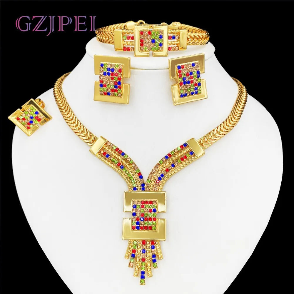 GZJPEI Gold Plated Jewelry Set African Dubai Nigeria Charm Necklace Bracelet Earring Ring For Women 2025 New Banquet Jewellry
