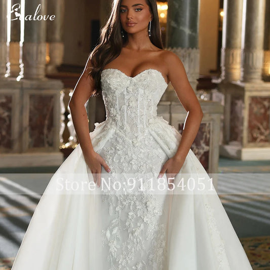 Romantic Strapless Lace Up Detachable Train Mermaid Wedding Dress Exquisite Appliques Embroidery Trumpet Bridal Gown Customized