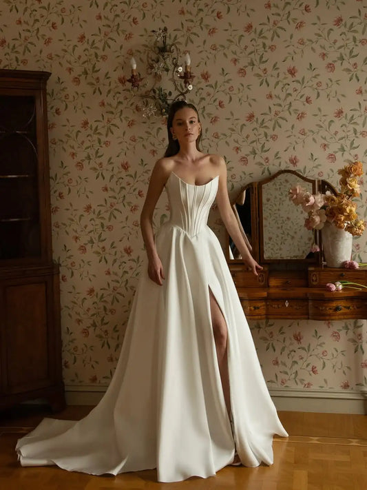 Popular Scoop Neckline Satin Bridal Grown A Line Wedding Dresses Side Slit Sweep Train Custom Made 2026 Vestido De Novial