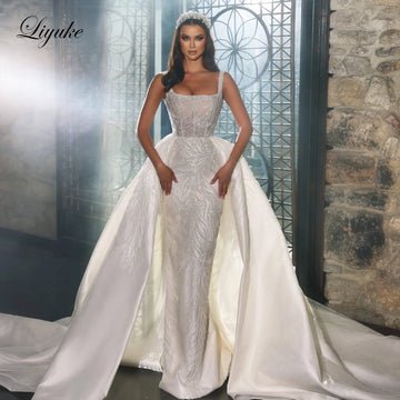 Liyuke Customize Square Collar 2 In 1 Mermaid Wedding Dresses Luxury Beading Pearls Embroidery Lace Spaghetti Straps Bridal Gown