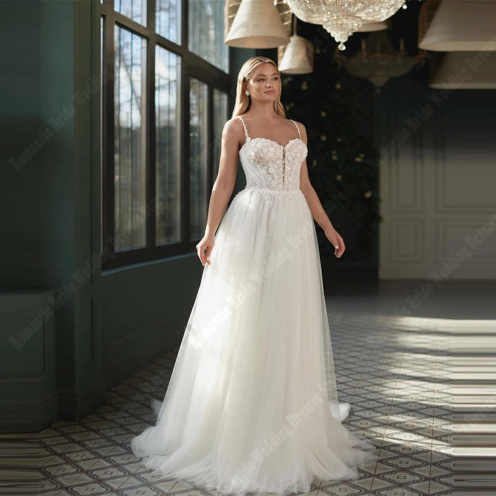 Sweetheart Collar A-Line Women Wedding Dresses Lace Print Sleeveless Bridal Gowns Princess Banquet Vestidos De Novias Customized