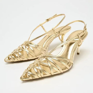 Luxury Gold Brand Heels Women Fashion Narrow Strap Hollow Thin High Heel Summer Sandals Sexy Pointed Toe Slingbacks Dress Shoes