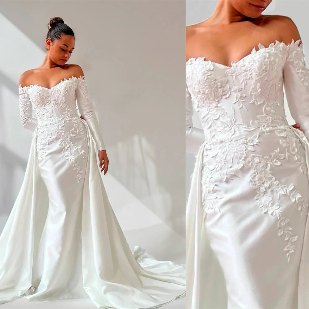 Charming Off The Shoulder Lonf Sleeves Sweetahrt Lace Applique Mermaid Wedding Dresses With Detachable Train Custom Made 2026