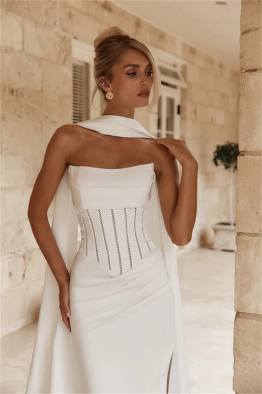 Charming Scoop Neckline Pleat Satin Sheath/Mermaid Wedding Dresses Side Slit Detachble Train With Long Scalf Custom Made 2026