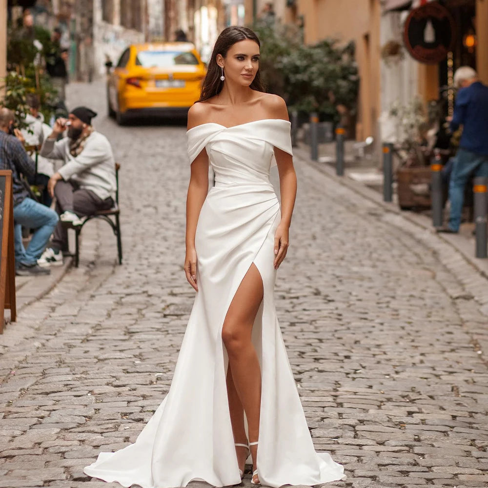 Off Shoulder Satin Wedding Dress – Modern Mermaid Bridal Gown with Side Slit & Train | Maison Bridal