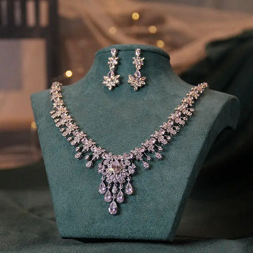 Bridal Necklace Earring Jewelry Set for Women Shine Zirconia White Gold Plated Vintage Style Party Dress Accessory
