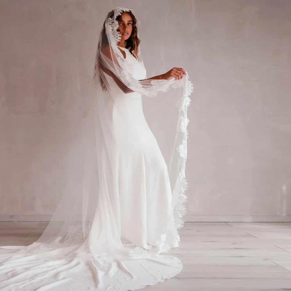 Exquisite Cathedral Mantilla Bridal Veil with Eyelash Lace 1 Tier Raw Edge Long 3M Floral French Lace Trim Wedding Veil VP86