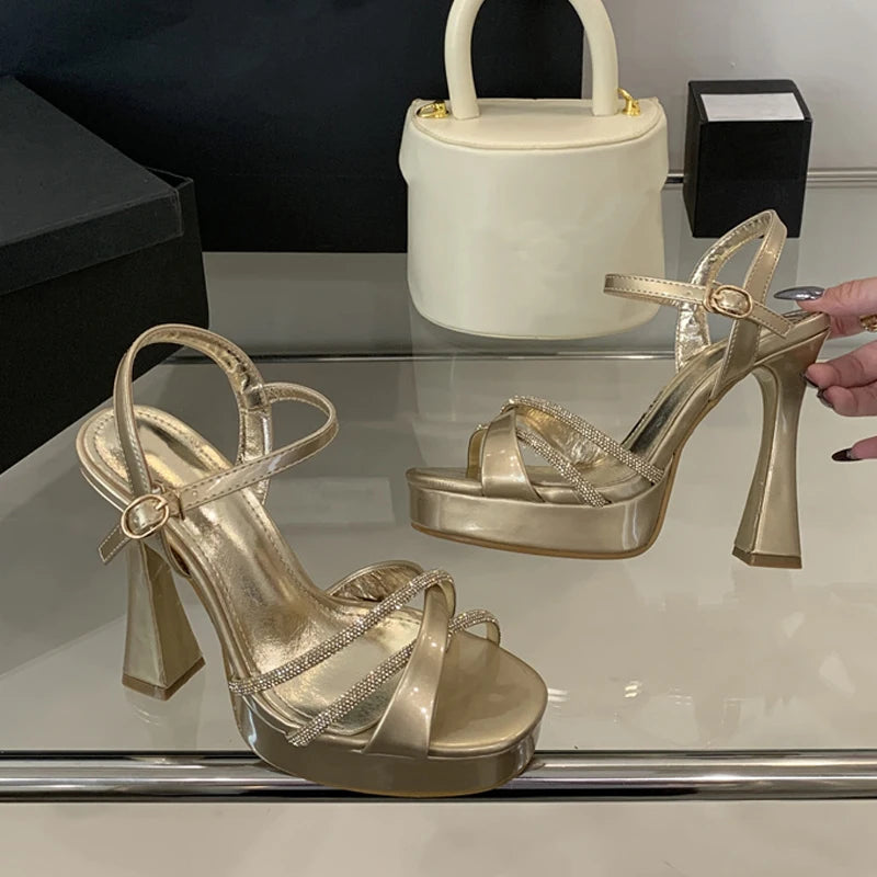 Liyke 2025 New Fashion Runway Super High Heels Platform Sandals Rhinestone Ankle Strap Open Toe Wedding Party Shoes Women Gold