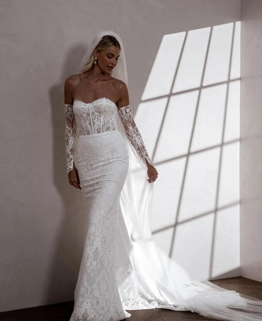 Charming Removeable Sleeves Sweethart Full Lace Mermaid Wedding Dresses Sweep Trian Custom Made Bridal Grown Vestido De Noival