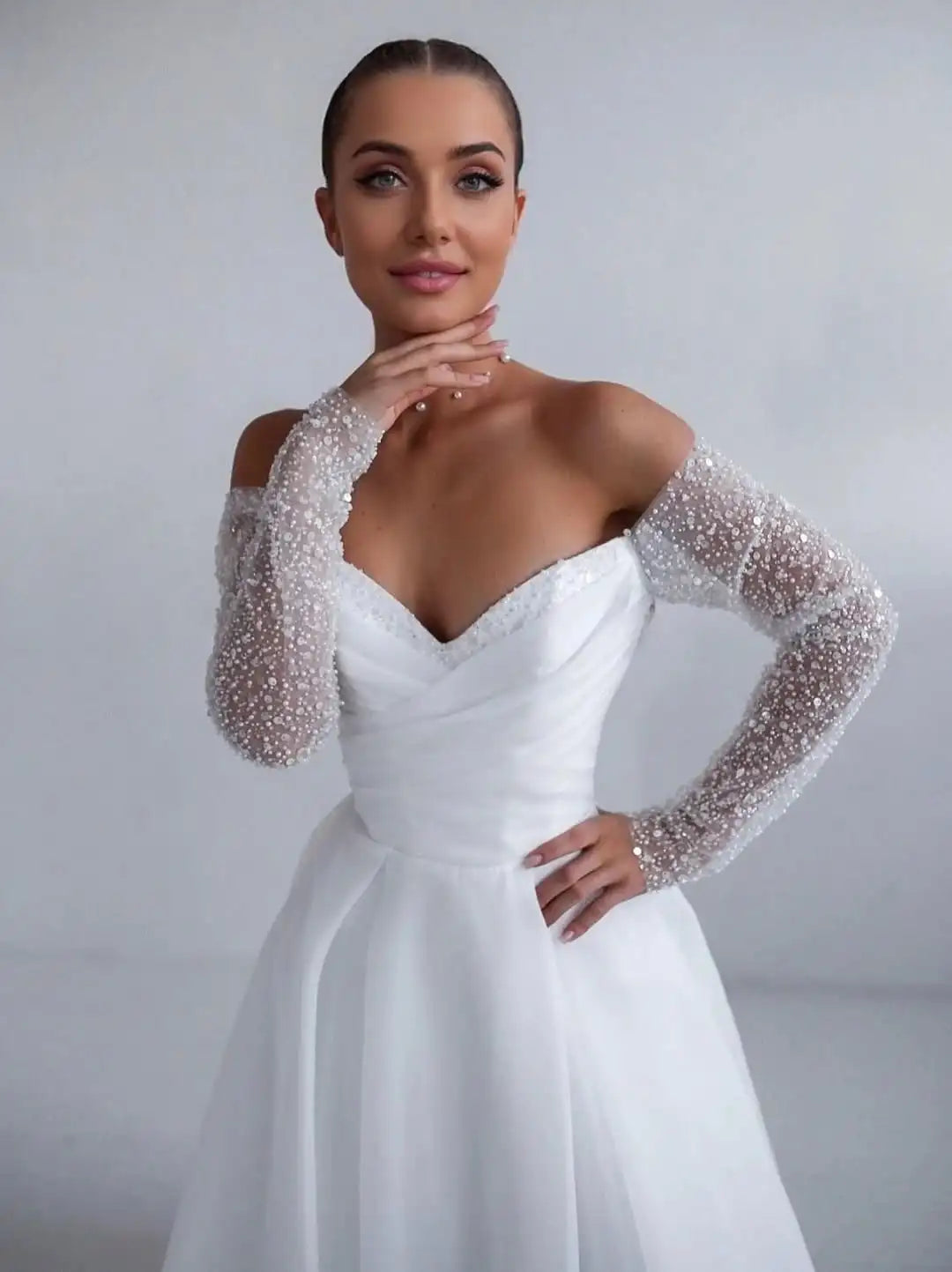 Shiny Long Sleeves Pleat Sweethart Bridal Grown A Line Wedding Dresses Custom Made 2026 Vestido De Noival