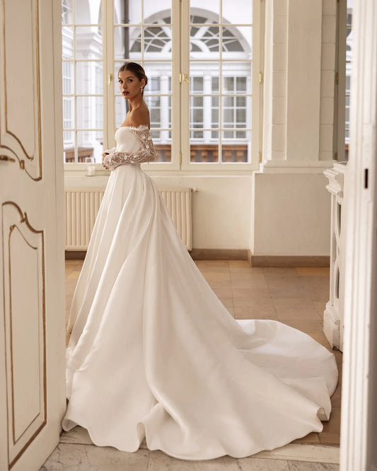 Luxurious Off The Shoulder Long Sleeves Sweetheart Satin A Line Wedding Dresses Side Slit CUstom made 2025 Vestido De Noival