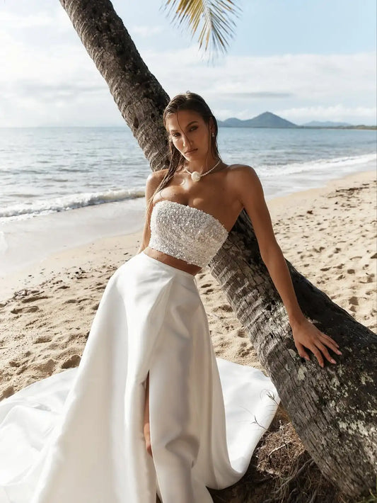 Shiny Beaded Sequined Two Piece Wedding Dresses Side Slit Custom Made 2026 Vestido De Noival