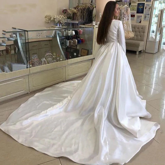 Satin Wedding Dress Muslim Long Sleeve A-line Bride Gown Customize